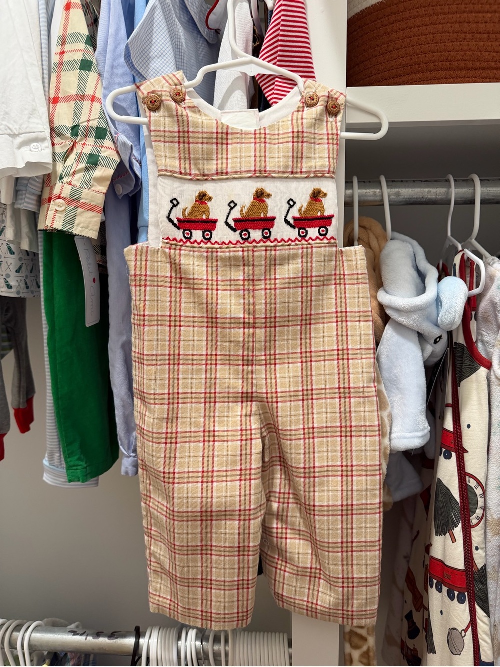 Beige Plaid Smocked One-Piece Overalls with Wagon Puppy Embroidery